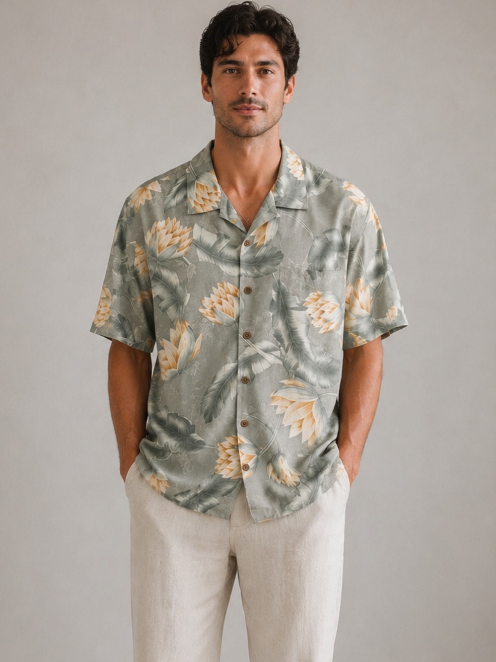 Tommy Bahama Camp Shirt Silk Tropical Lotus Print Large Sage Green Hawaiian